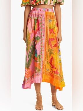FARM Rio Bright Pink & Orange Mixed Scarves Tropical Midi Skirt, Size Medium